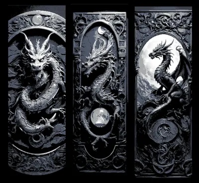 Dragon and the Moon Carvings in Black and White - Set of 3 Bookmarks